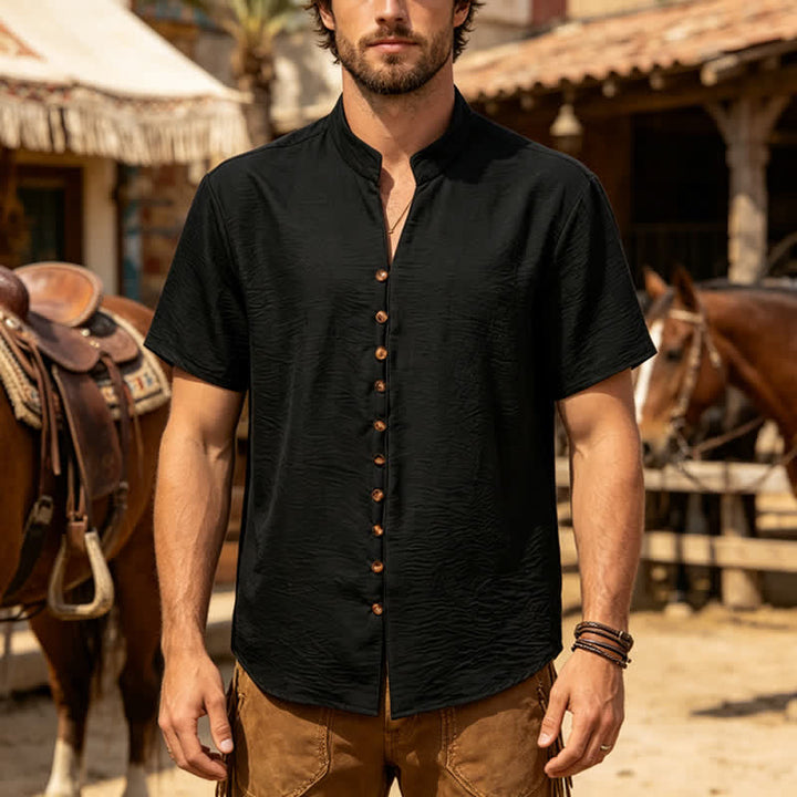Camicia da uomo in misto lino con colletto alla coreana e design stropicciato. - Nero - 3XL - image 5