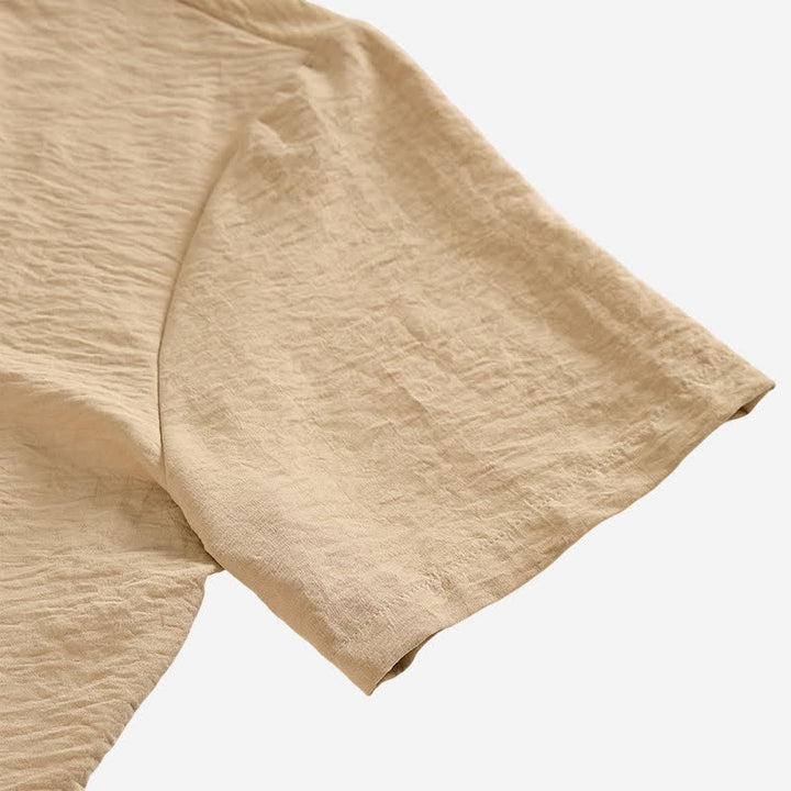 Camicia da uomo in misto lino con colletto alla coreana e design stropicciato. - image 9