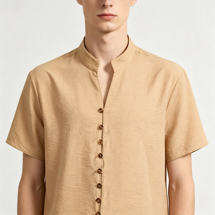 Camicia da uomo in misto lino con colletto alla coreana e design stropicciato. - image 3