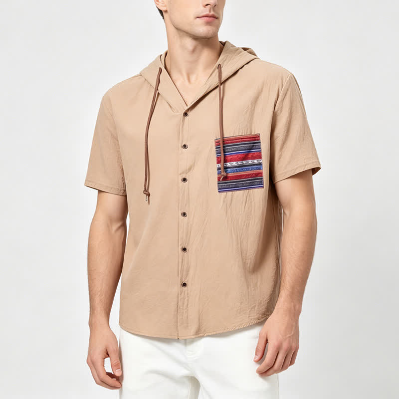 Camicia da uomo in lino con cappuccio e dettaglio etnico tribale sulla tasca - image 1