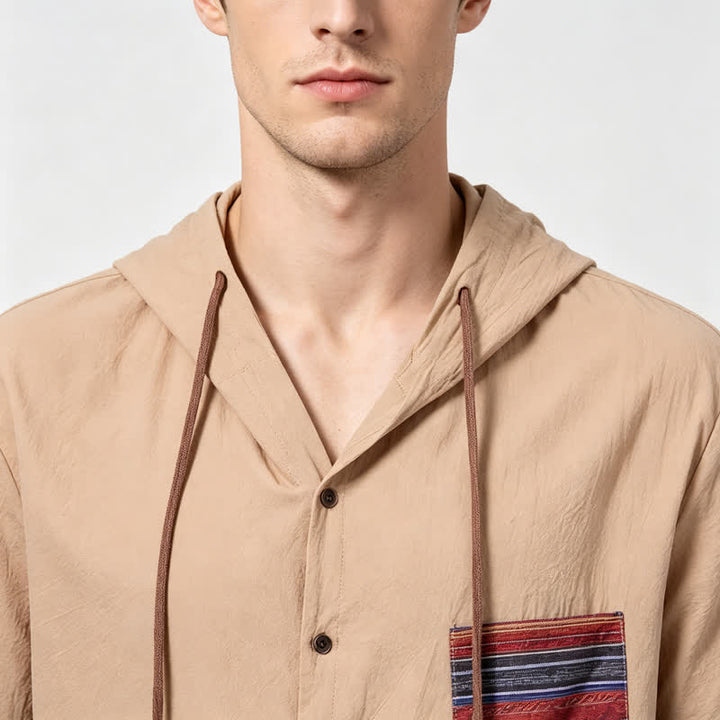 Camicia da uomo in lino con cappuccio e dettaglio etnico tribale sulla tasca - image 3