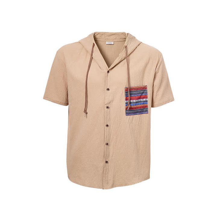 Camicia da uomo in lino con cappuccio e dettaglio etnico tribale sulla tasca - image 10