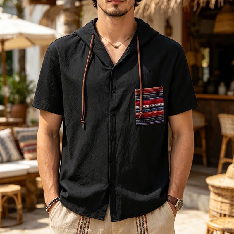 Camicia da uomo in lino con cappuccio e dettaglio etnico tribale sulla tasca - Nero - 3XL - image 4