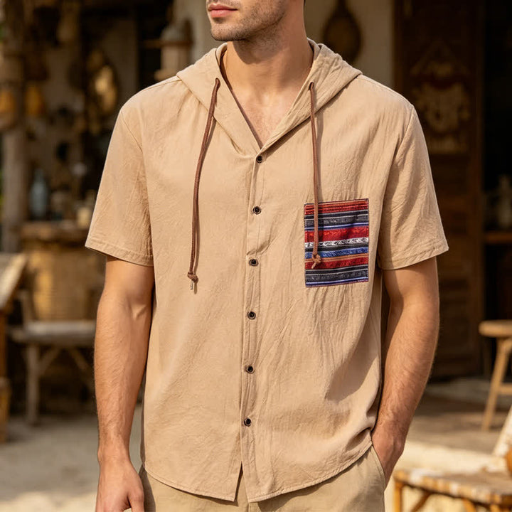 Camicia da uomo in lino con cappuccio e dettaglio etnico tribale sulla tasca - Cachi - 3XL - image 0