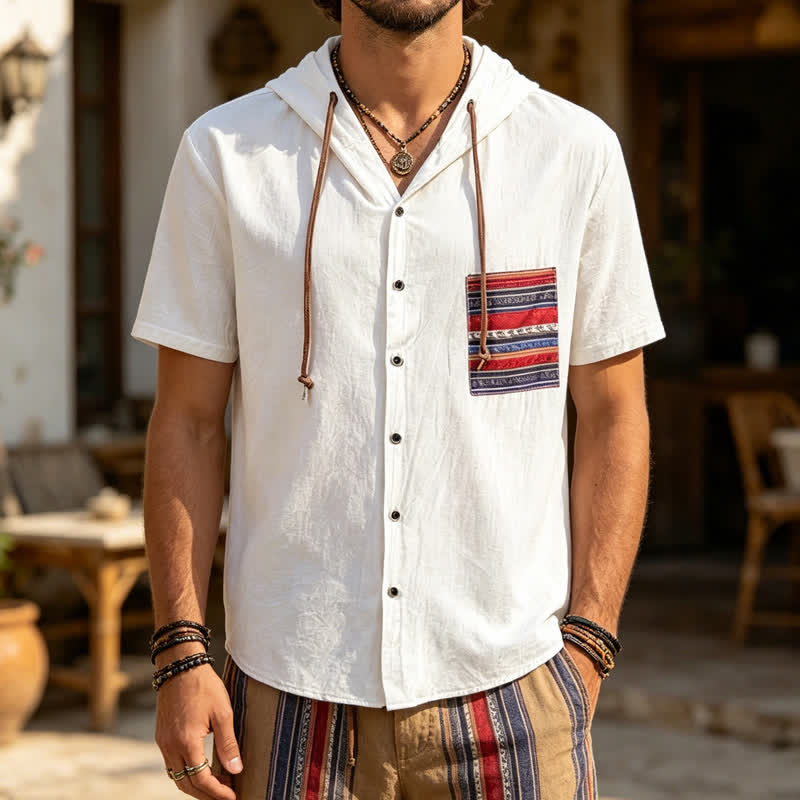 Camicia da uomo in lino con cappuccio e dettaglio etnico tribale sulla tasca - Bianco - 3XL - image 5