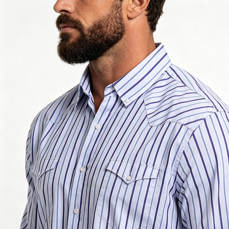 Camicia elegante da uomo a righe verticali con colletto classico e bottoni. - image 3