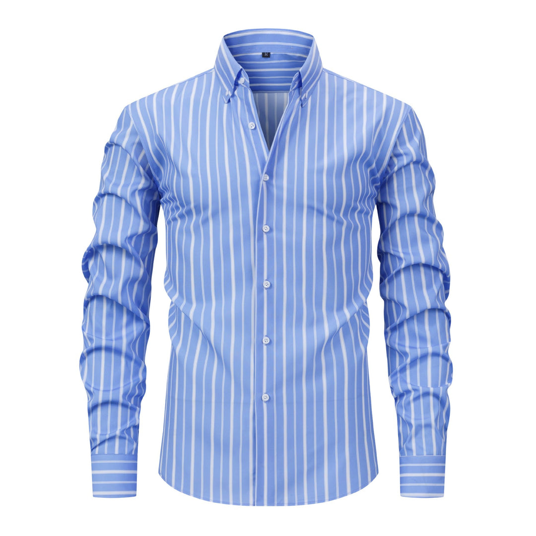 Camicia elegante da uomo a righe verticali con colletto classico e bottoni. - Blu celeste - 3XL - image 13