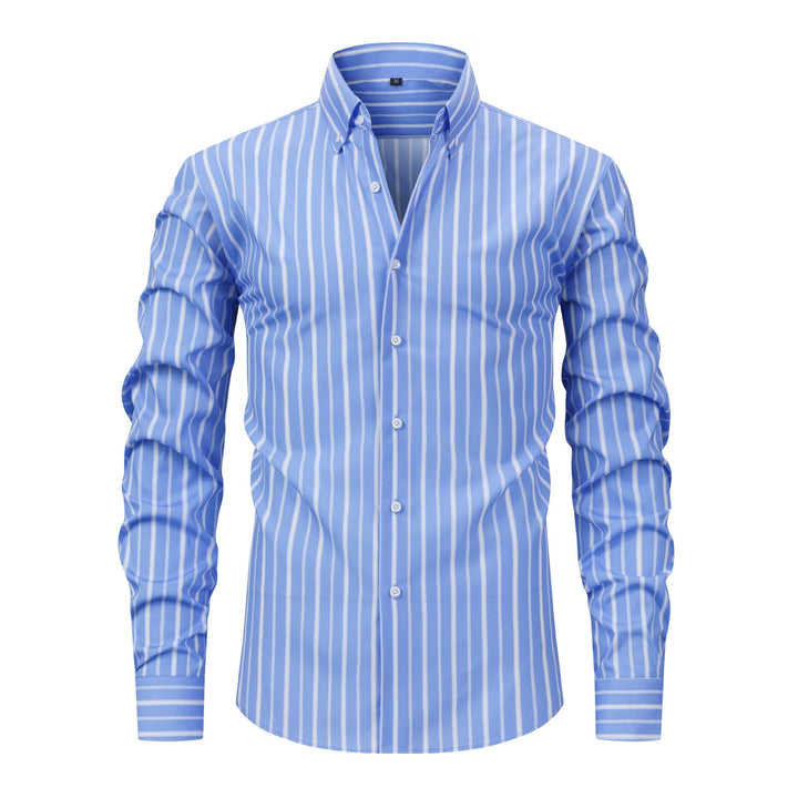 Camicia elegante da uomo a righe verticali con colletto classico e bottoni. - Blu celeste - 3XL - image 13