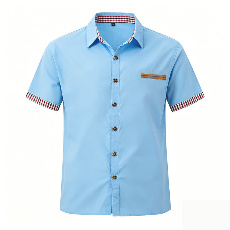 Camicia da uomo casual a maniche corte con taschino sul petto e finiture a quadri. - Blu celeste - 3XL - image 8