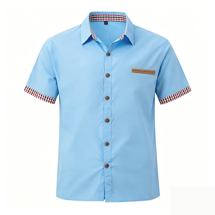 Camicia da uomo casual a maniche corte con taschino sul petto e finiture a quadri. - Blu celeste - 3XL - image 8