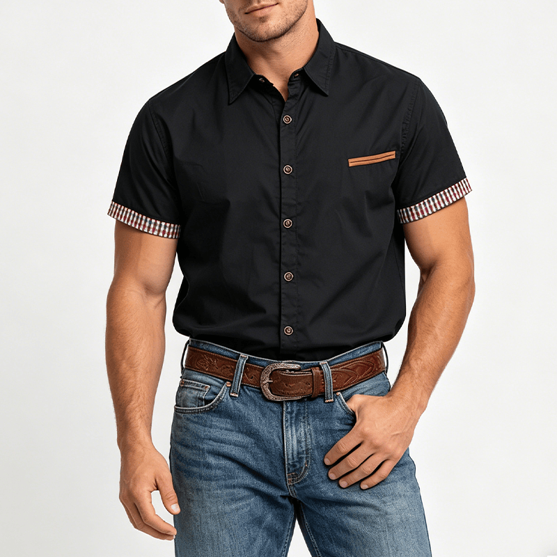 Camicia da uomo casual a maniche corte con taschino sul petto e finiture a quadri. - image 1