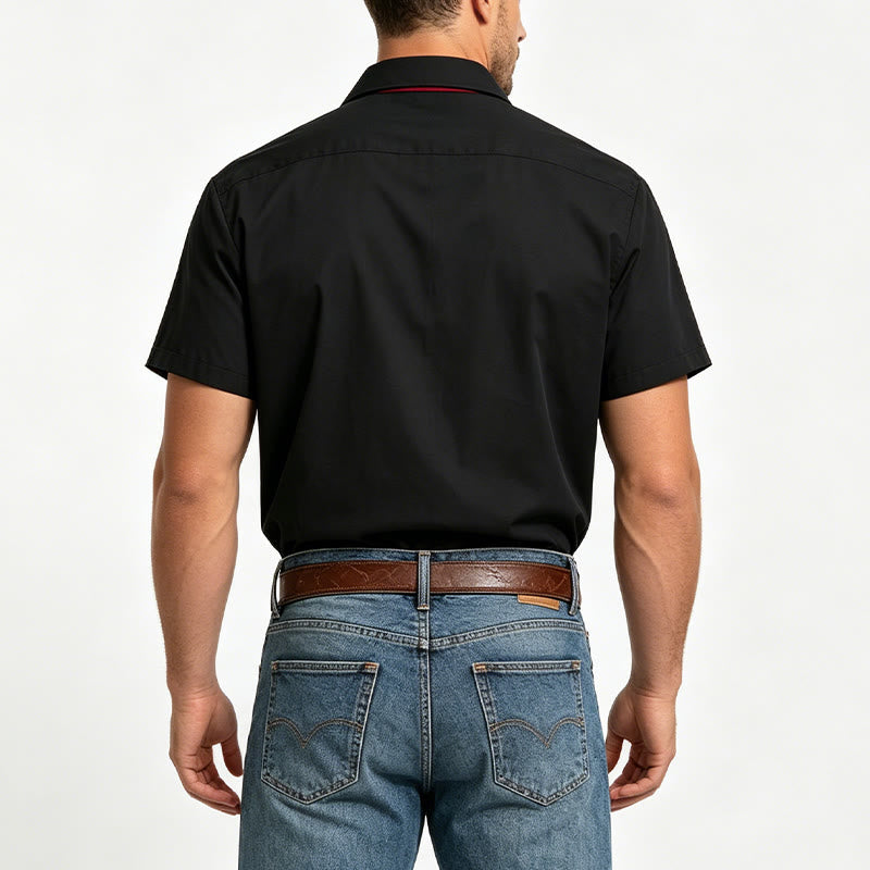 Camicia da uomo a maniche corte tinta unita con bottoni e taschino sul petto - image 2