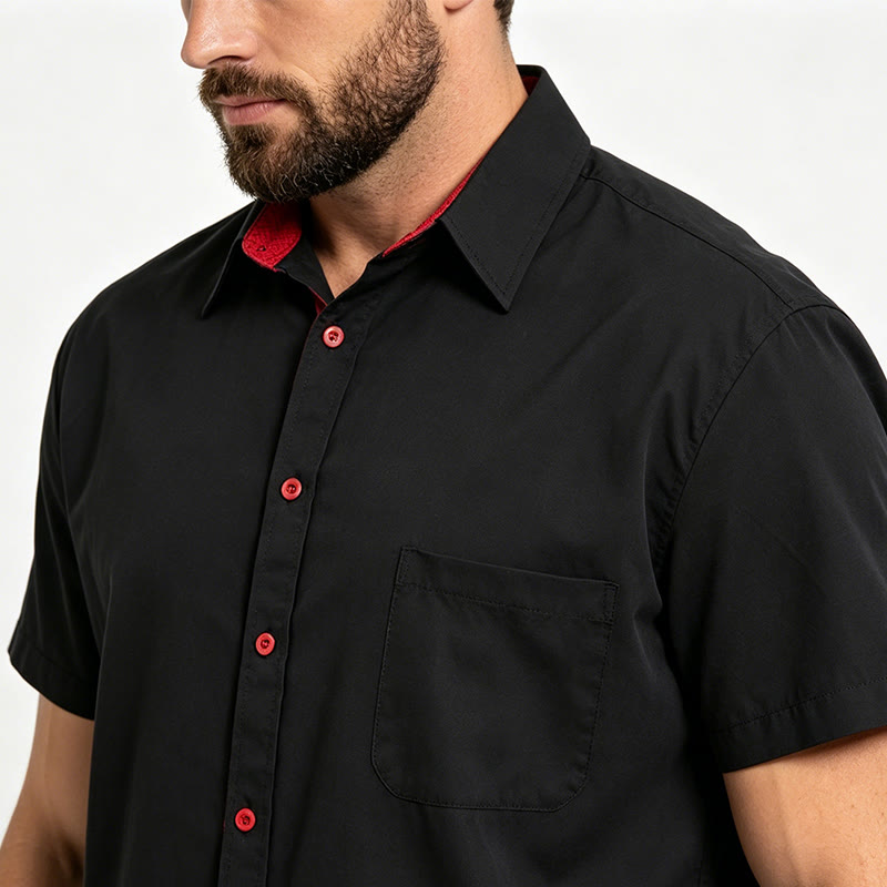 Camicia da uomo a maniche corte tinta unita con bottoni e taschino sul petto - image 3