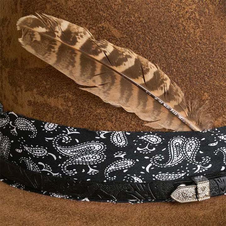 Cappello da cowboy in lana con cinturino in pelle Paisley e piume - image 2