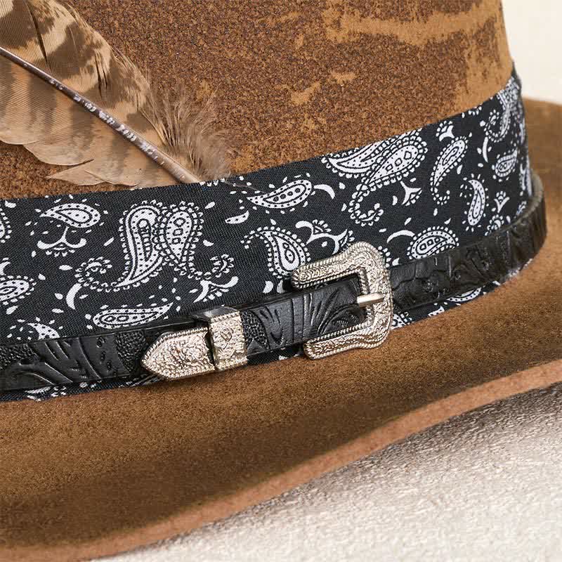 Cappello da cowboy in lana con cinturino in pelle Paisley e piume - image 3