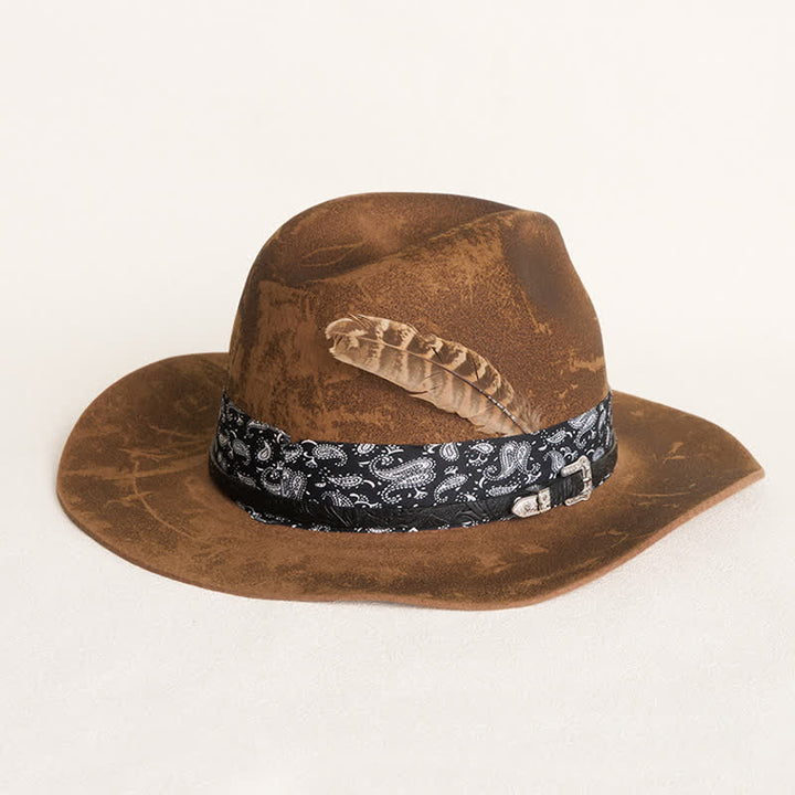 Cappello da cowboy in lana con cinturino in pelle Paisley e piume - Cammello - M (22"-21 7/8") - image 0
