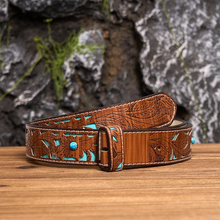 Cintura in pelle con fibbia in stile western fai-da-te con iniziale totem retrò e totem. - Z - Cintura turchese intagliata (40) - image 4