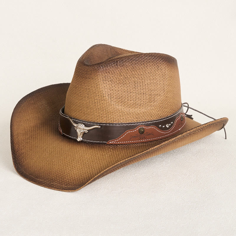 Cappello da cowboy western vintage a tesa larga con decorazione a testa di toro. - Caffè - M (22"-22 7/8") - image 0
