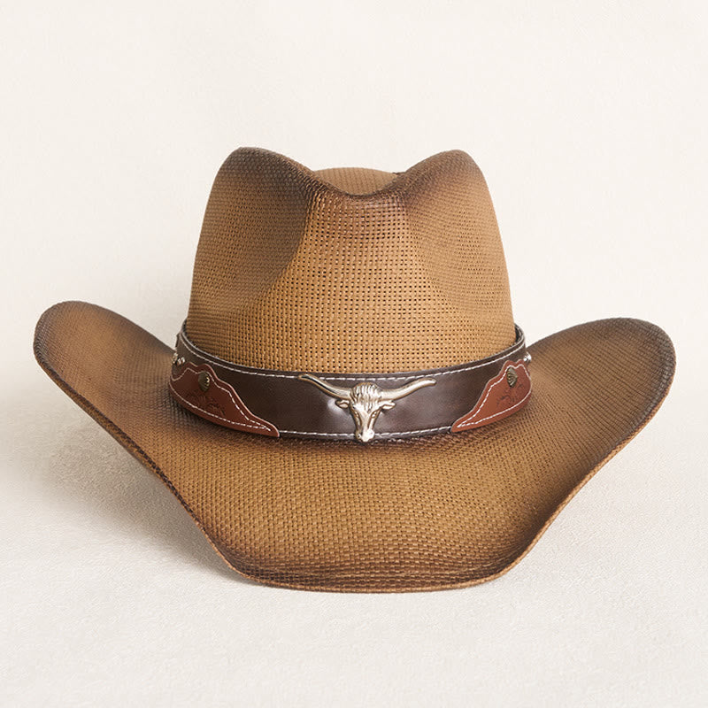 Cappello da cowboy western vintage a tesa larga con decorazione a testa di toro. - image 1