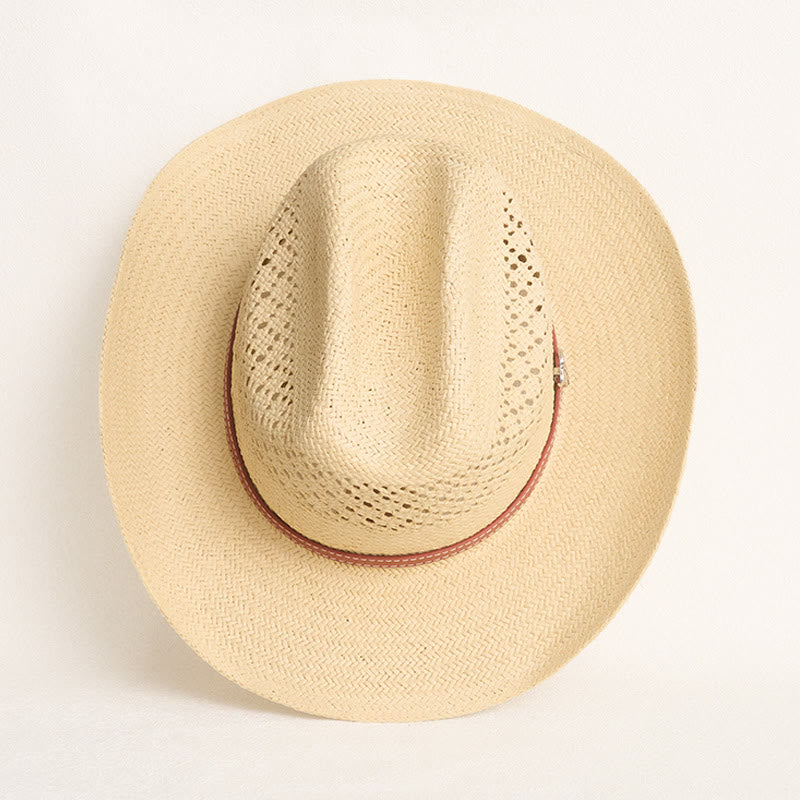 Cappello da cowboy in paglia a tesa larga con fascia in pelle, ideale per coppie in spiaggia. - image 6