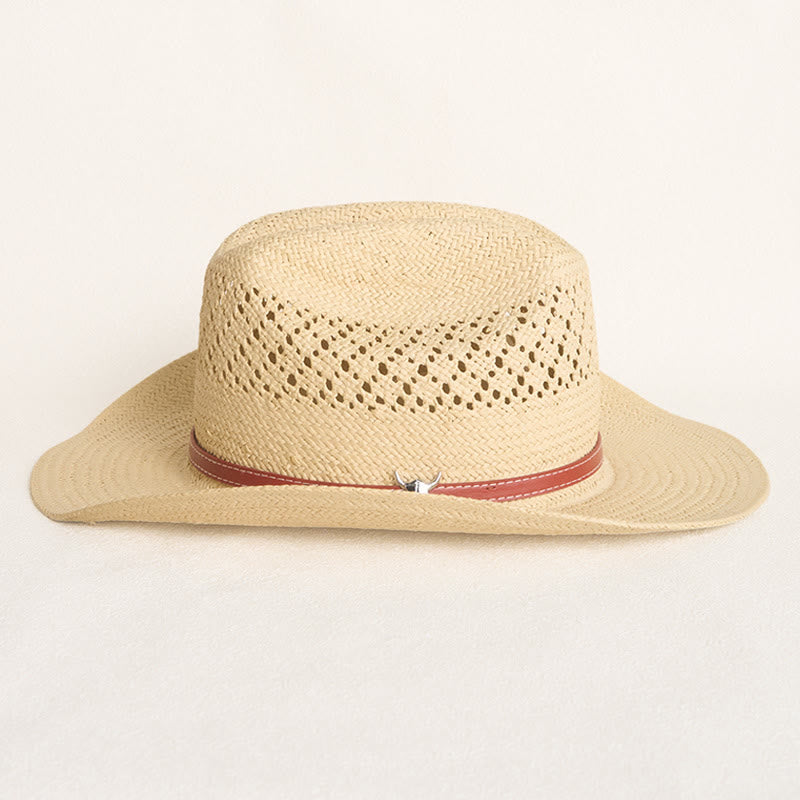 Cappello da cowboy in paglia a tesa larga con fascia in pelle, ideale per coppie in spiaggia. - image 5