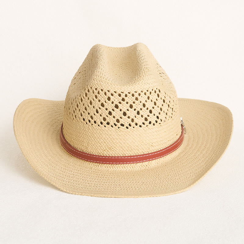 Cappello da cowboy in paglia a tesa larga con fascia in pelle, ideale per coppie in spiaggia. - image 1