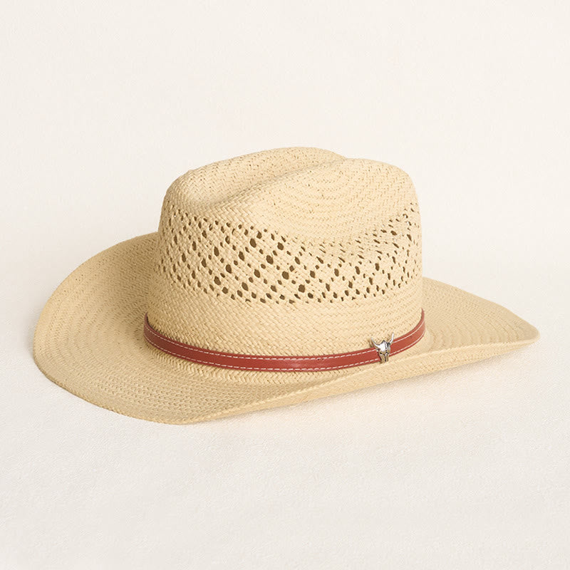 Cappello da cowboy in paglia a tesa larga con fascia in pelle, ideale per coppie in spiaggia. - Beige - M (22"-22 7/8") - image 0