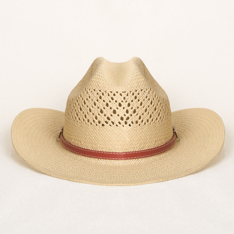 Cappello da cowboy in paglia a tesa larga con fascia in pelle, ideale per coppie in spiaggia. - image 4