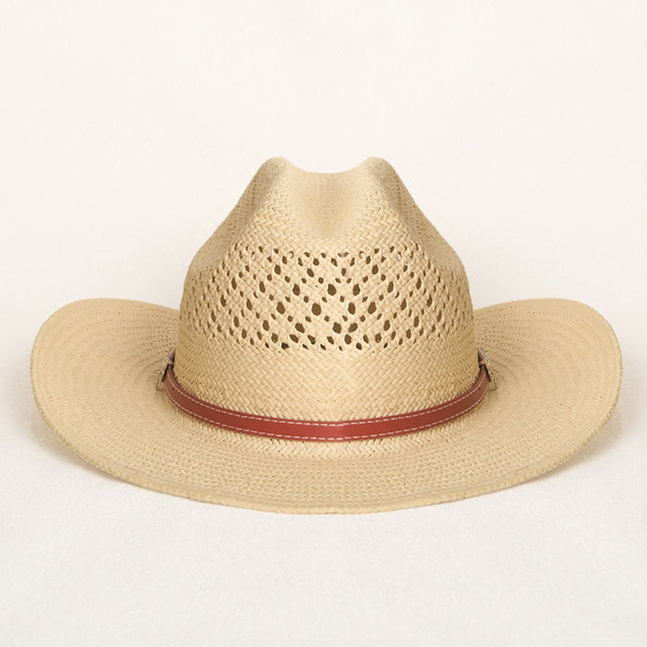 Cappello da cowboy in paglia a tesa larga con fascia in pelle, ideale per coppie in spiaggia. - image 4