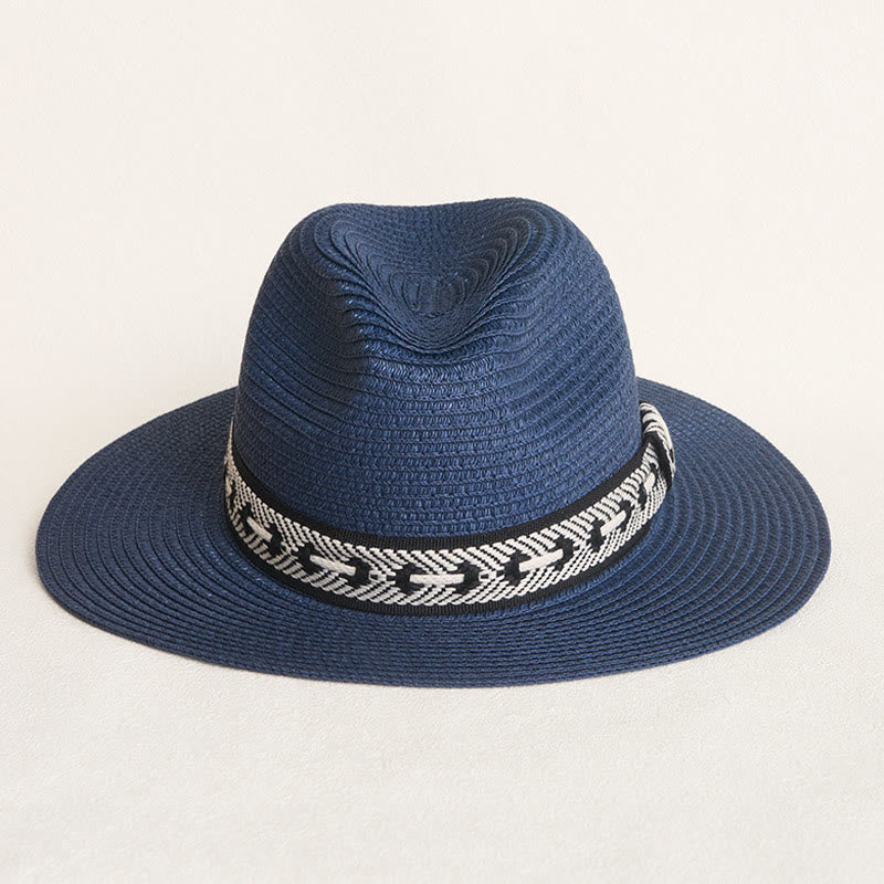Cappello di paglia da donna con parte superiore piatta e fascia decorativa, ideale per il sole. - image 1
