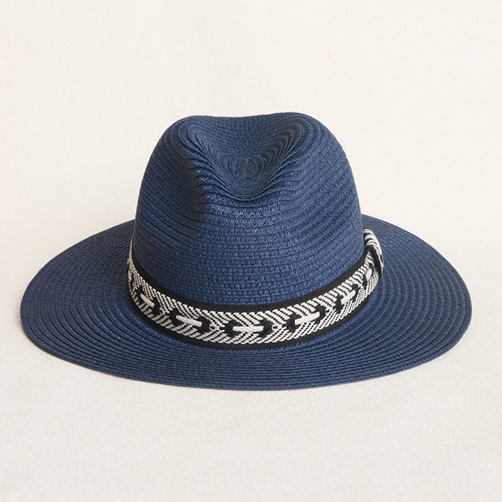 Cappello di paglia da donna con parte superiore piatta e fascia decorativa, ideale per il sole. - image 1