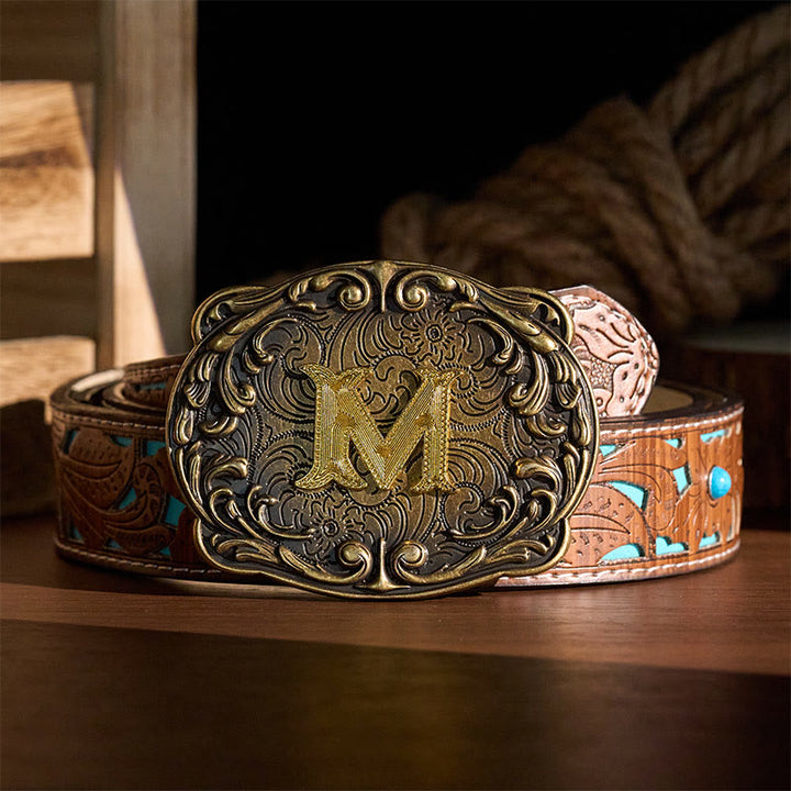 Cintura in pelle con fibbia in stile western fai-da-te con iniziale totem retrò e totem. - image 2
