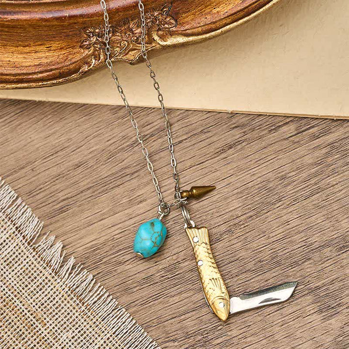 Collana con coltellino tascabile unico a forma di pesce in ottone e turchese - image 2