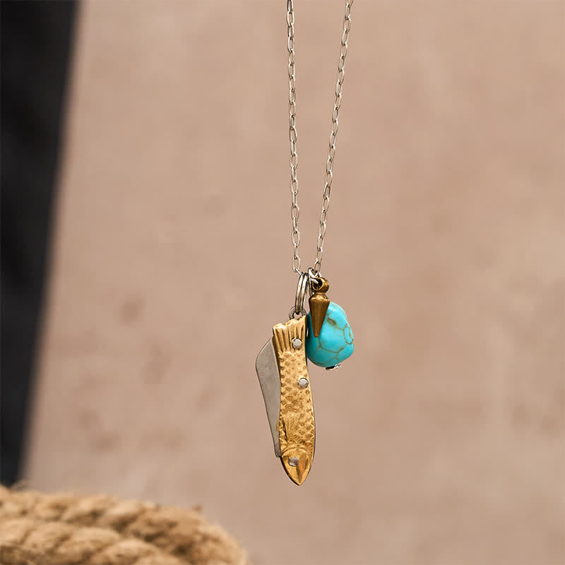 Collana con coltellino tascabile unico a forma di pesce in ottone e turchese - image 5