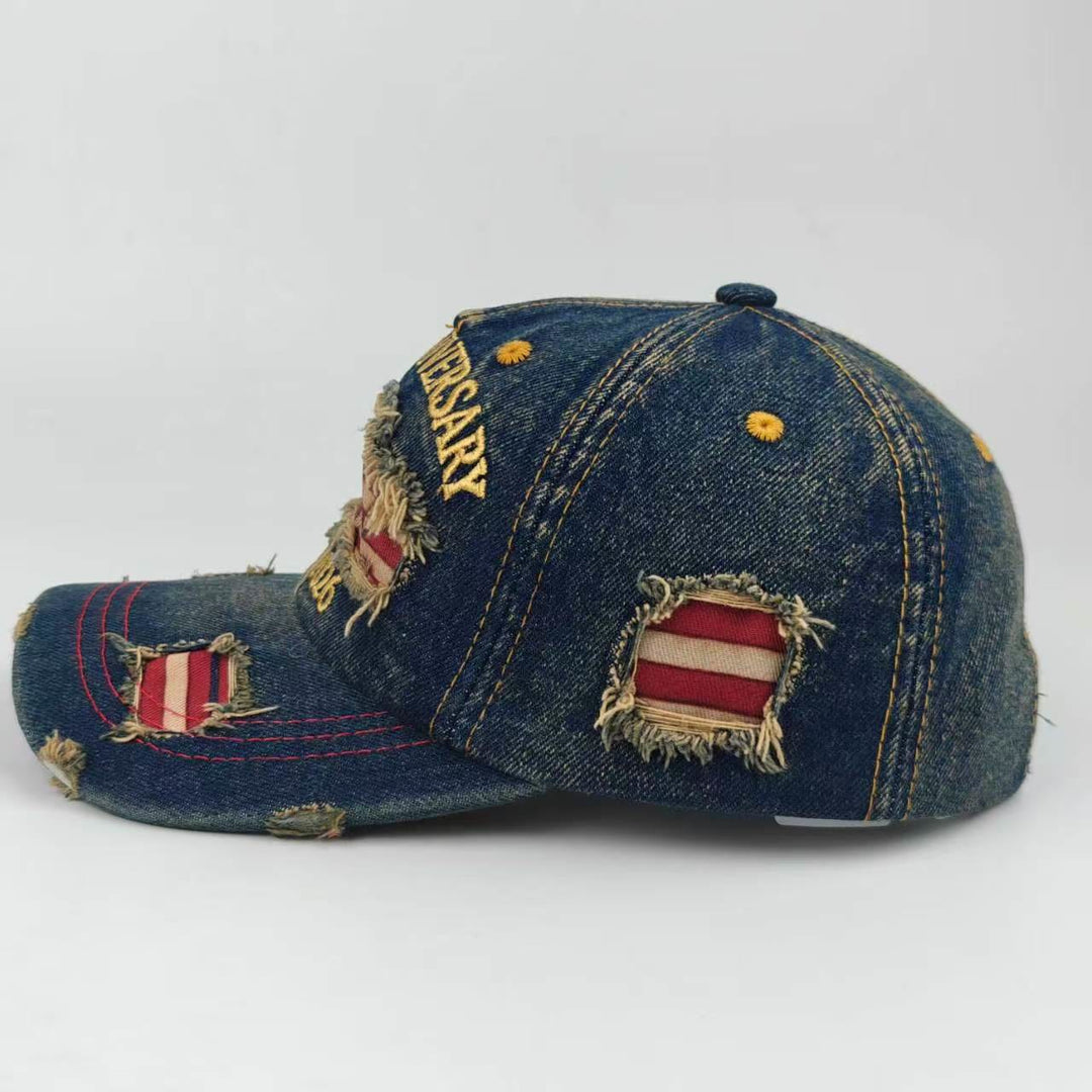 Cappellino da baseball vintage in denim lavato e effetto invecchiato con bandiera americana. - image 2