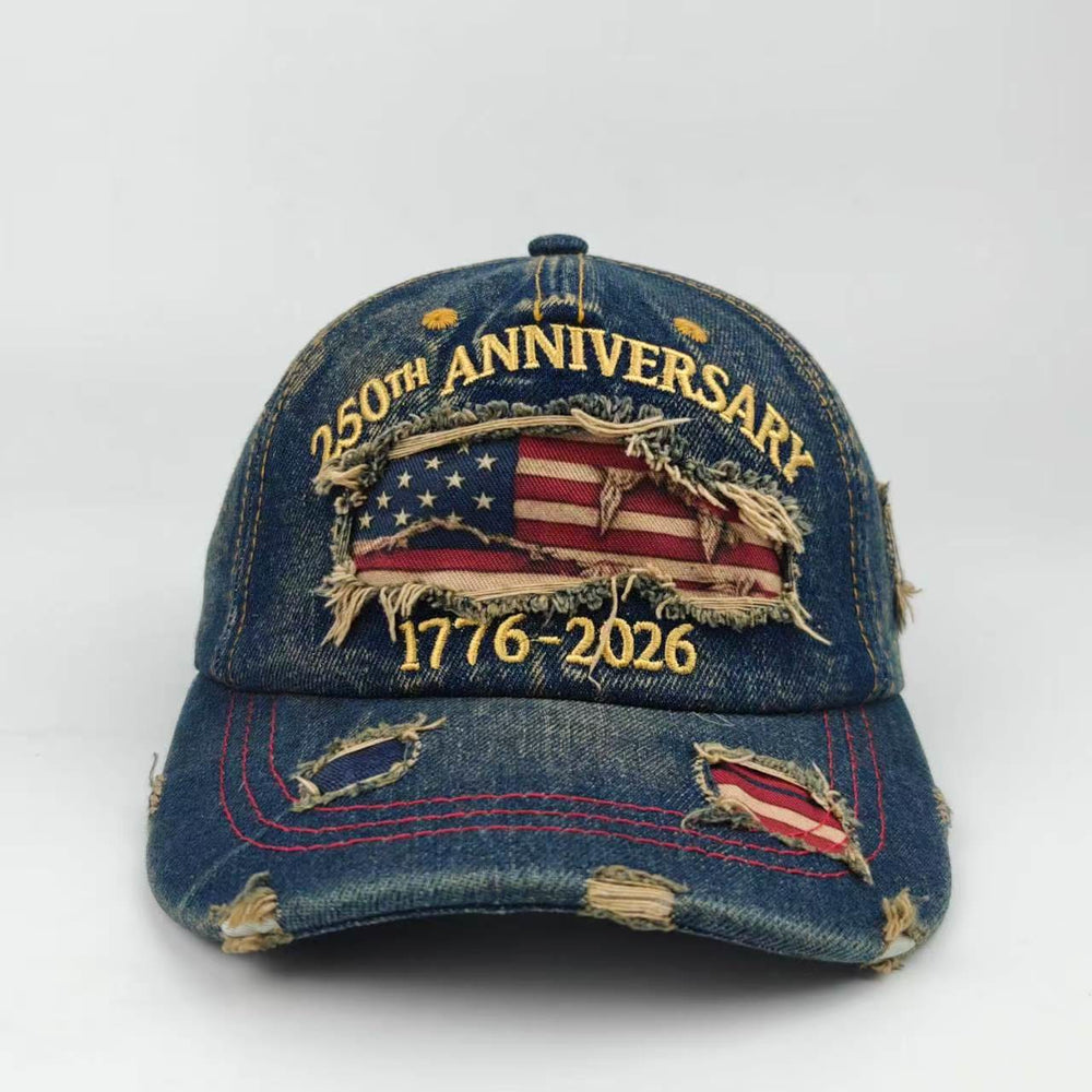 Cappellino da baseball vintage in denim lavato e effetto invecchiato con bandiera americana. - image 1
