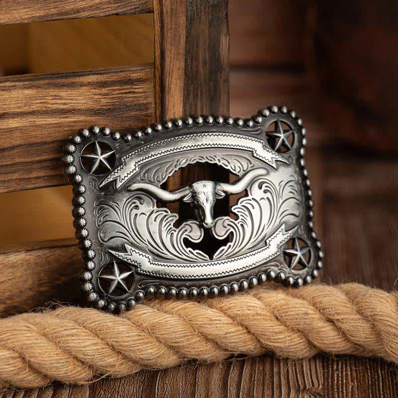 Cintura da uomo in pelle con fibbia fai-da-te a forma di stella dei Texas Longhorns, traforata. - Argento - Senza cintura - Cintura non inclusa - image 8