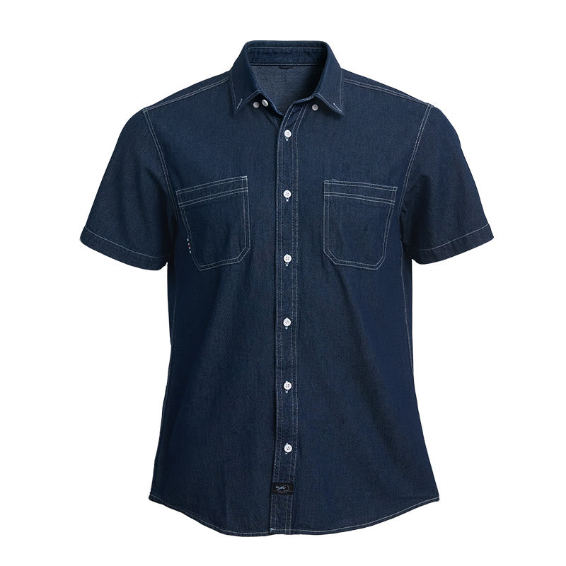 Camicia da uomo casual a maniche corte in cotone e denim, ideale per tutti i giorni. - Blu scuro - 4XL - image 1