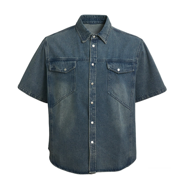 Camicia da lavoro oversize a maniche corte in denim lavato vintage - Blu - 2XL - image 0