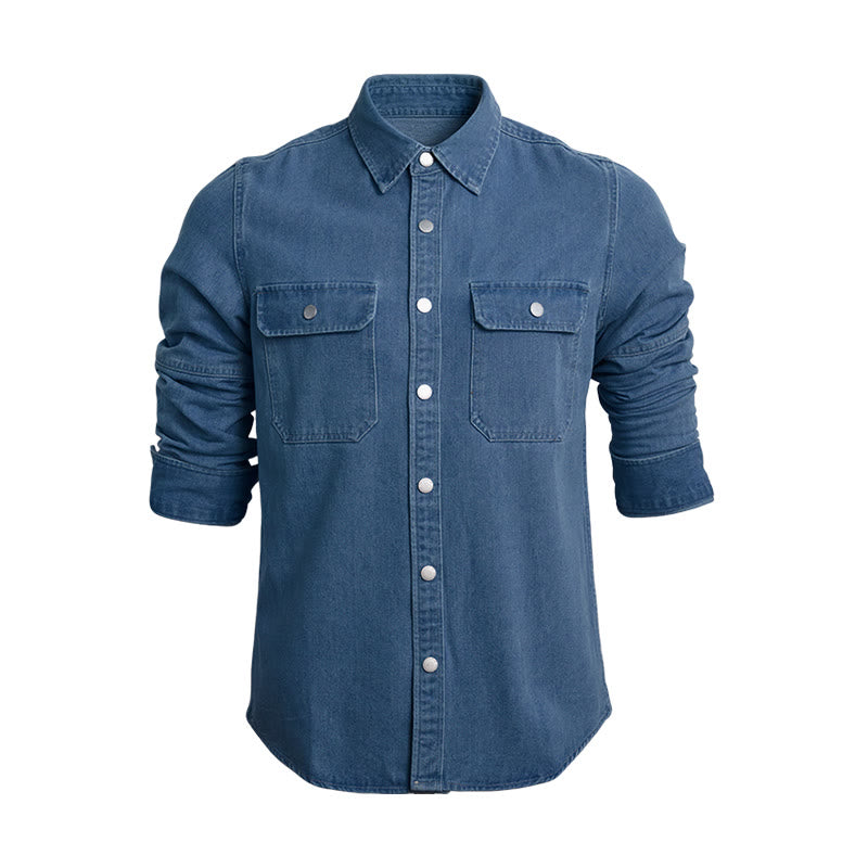 Camicia da uomo casual a maniche lunghe in denim con bottoni, vestibilità ampia - Blu scuro - 3XL - image 0
