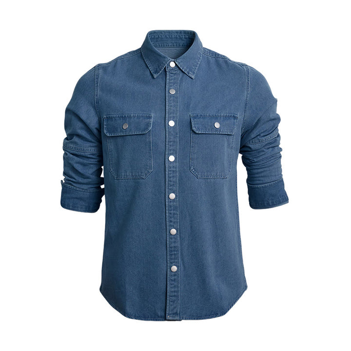 Camicia da uomo casual a maniche lunghe in denim con bottoni, vestibilità ampia - Blu scuro - 3XL - image 0