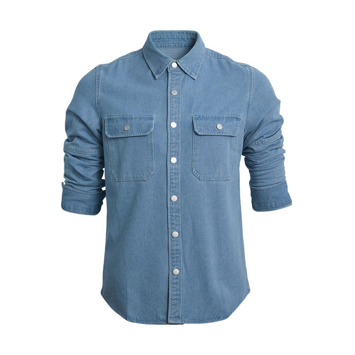 Camicia da uomo casual a maniche lunghe in denim con bottoni, vestibilità ampia - Azzurro chiaro - 3XL - image 1