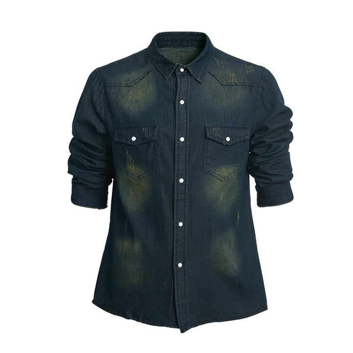 Camicia da uomo slim fit a maniche lunghe in denim con bottoni - Blu - 3XL - image 0