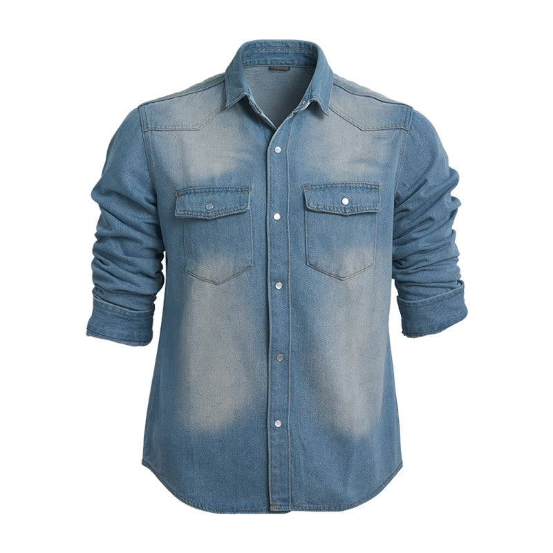 Camicia da uomo in denim a maniche lunghe con dettagli effetto usurato - Azzurro chiaro - 3XL - image 0