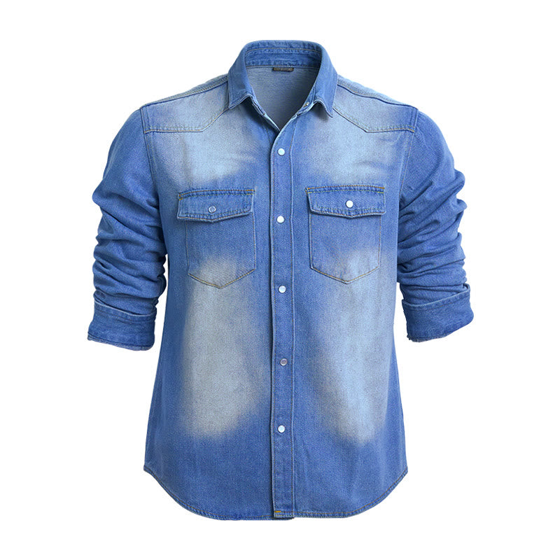 Camicia da uomo in denim a maniche lunghe con dettagli effetto usurato - Blu scuro - 3XL - image 2