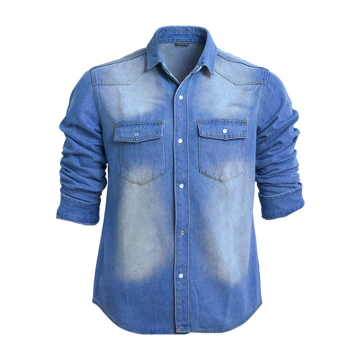 Camicia da uomo in denim a maniche lunghe con dettagli effetto usurato - Blu scuro - 3XL - image 2