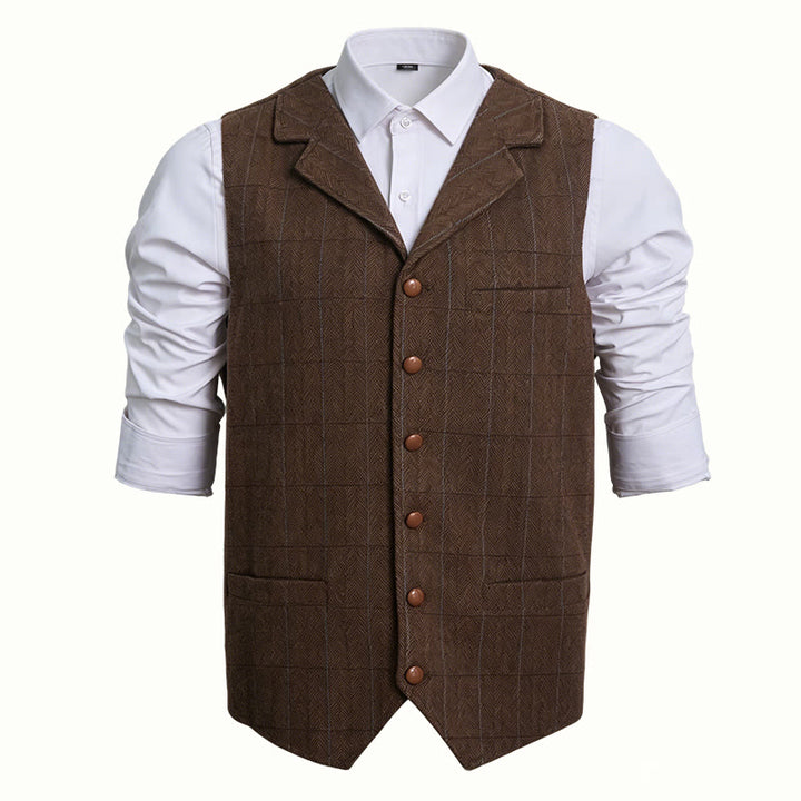 Gilet da uomo a quadri con colletto a risvolto, monopetto. - Marrone - 3XL - image 4