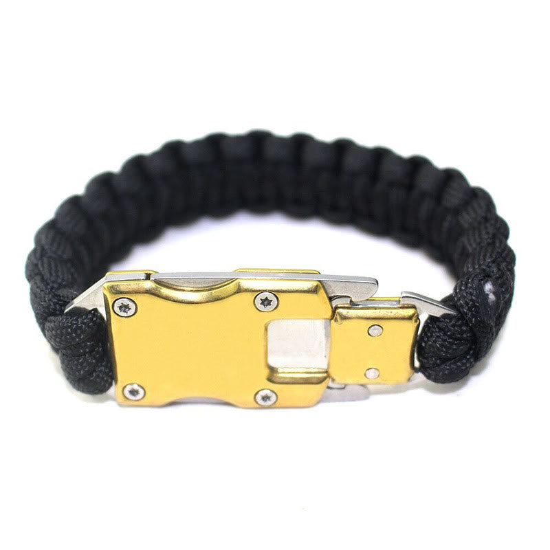 Braccialetto di sopravvivenza multifunzionale con coltello nascosto e cordino in paracord per emergenze. - Fibbia nera e oro - image 5