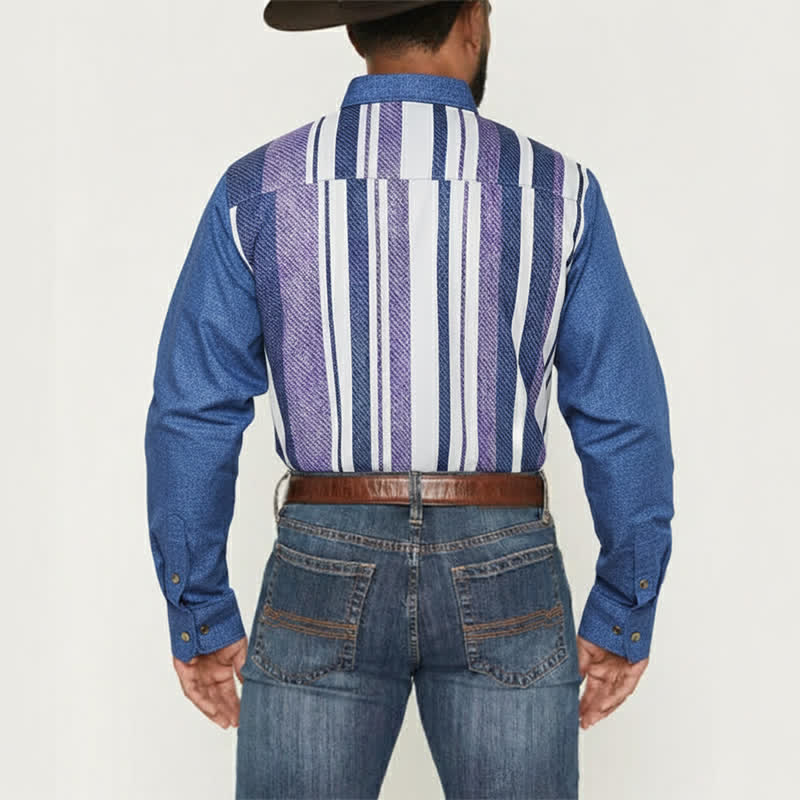 Camicia da uomo a maniche lunghe a righe blu in stile cowboy retrò - image 3