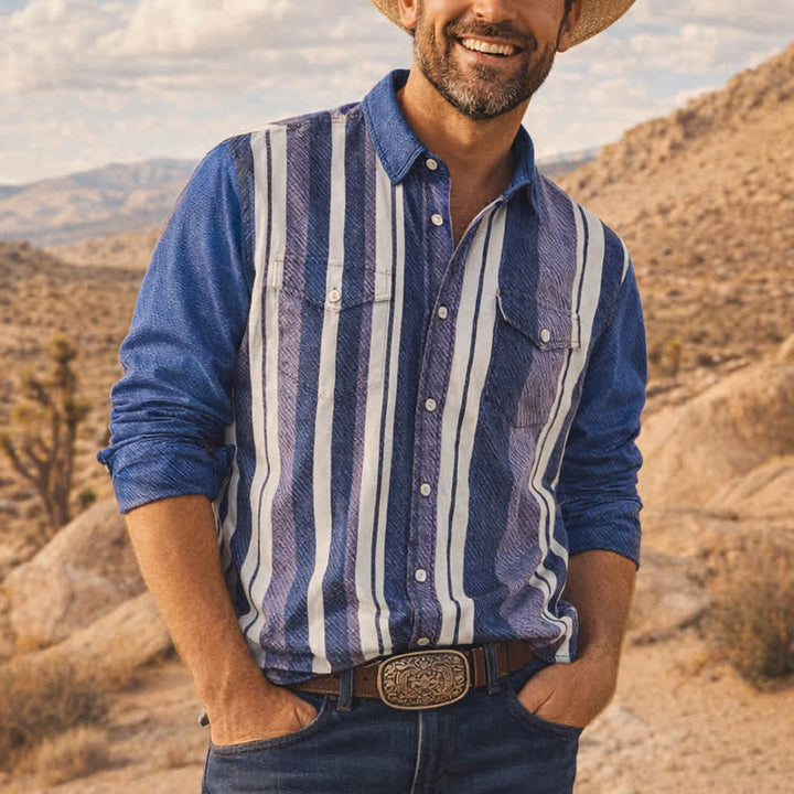 Camicia da uomo a maniche lunghe a righe blu in stile cowboy retrò - Blu - 5XL - image 0